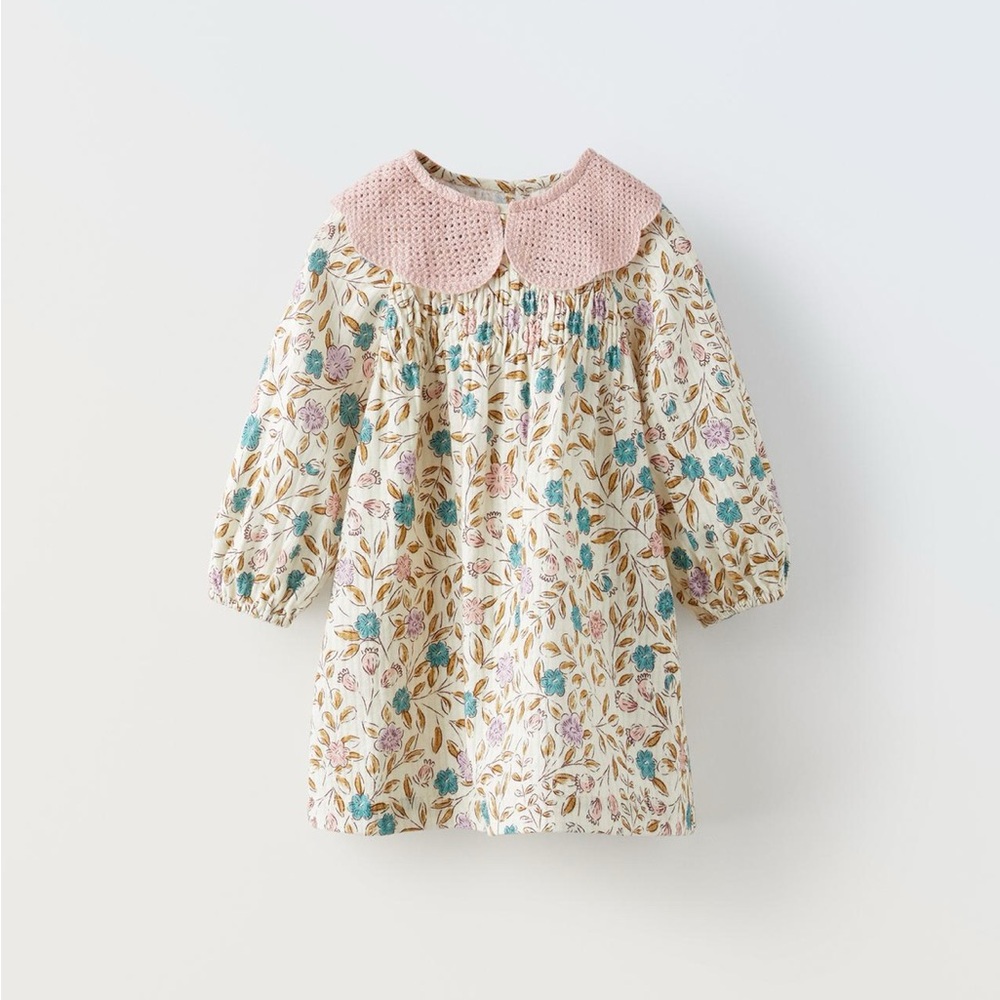 Floral Long Sleeve Dress with Pink Collar